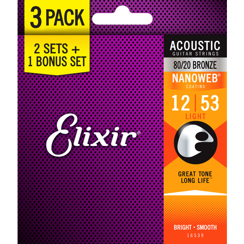 Elixir Nano 80/20 12-53 3 Pack Light String