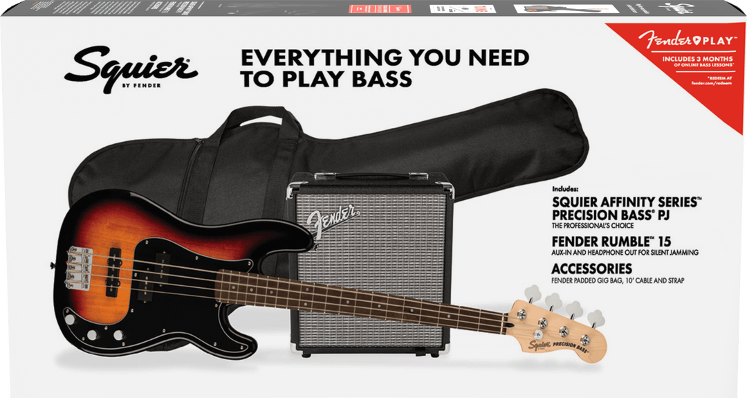 Squier Affinity Series® Precision Bass® PJ Pack, Laurel Fingerboard, 3-Color Sunburst, Gig Bag, Rumble 15 - 240V AU