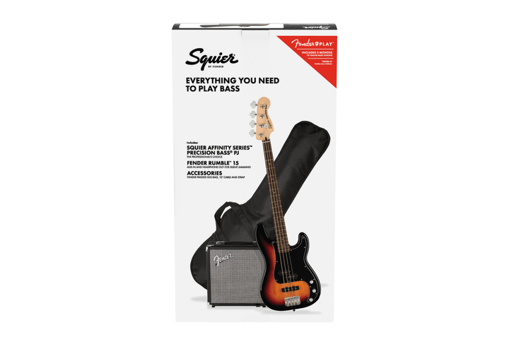 Squier Affinity Series® Precision Bass® PJ Pack, Laurel Fingerboard, 3-Color Sunburst, Gig Bag, Rumble 15 - 240V AU