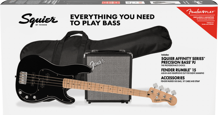 Squier Affinity Series™ Precision Bass® PJ Pack, Maple Fingerboard, Black, Gig Bag, Rumble 15 - 240V AU
