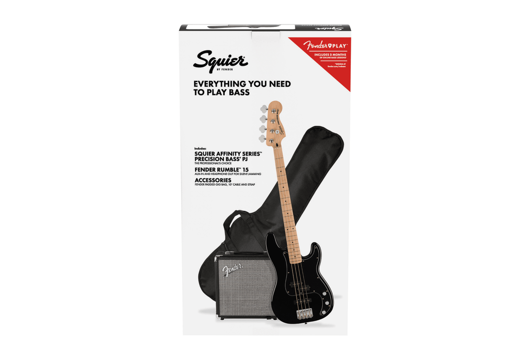 Squier Affinity Series™ Precision Bass® PJ Pack, Maple Fingerboard, Black, Gig Bag, Rumble 15 - 240V AU