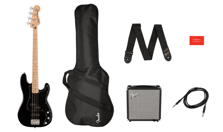 Squier Affinity Series™ Precision Bass® PJ Pack, Maple Fingerboard, Black, Gig Bag, Rumble 15 - 240V AU
