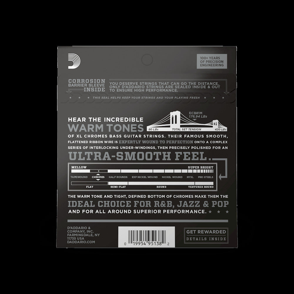 D'Addario ECB81M Chromes Bass Guitar Strings, Light, 45-100, Medium Scale