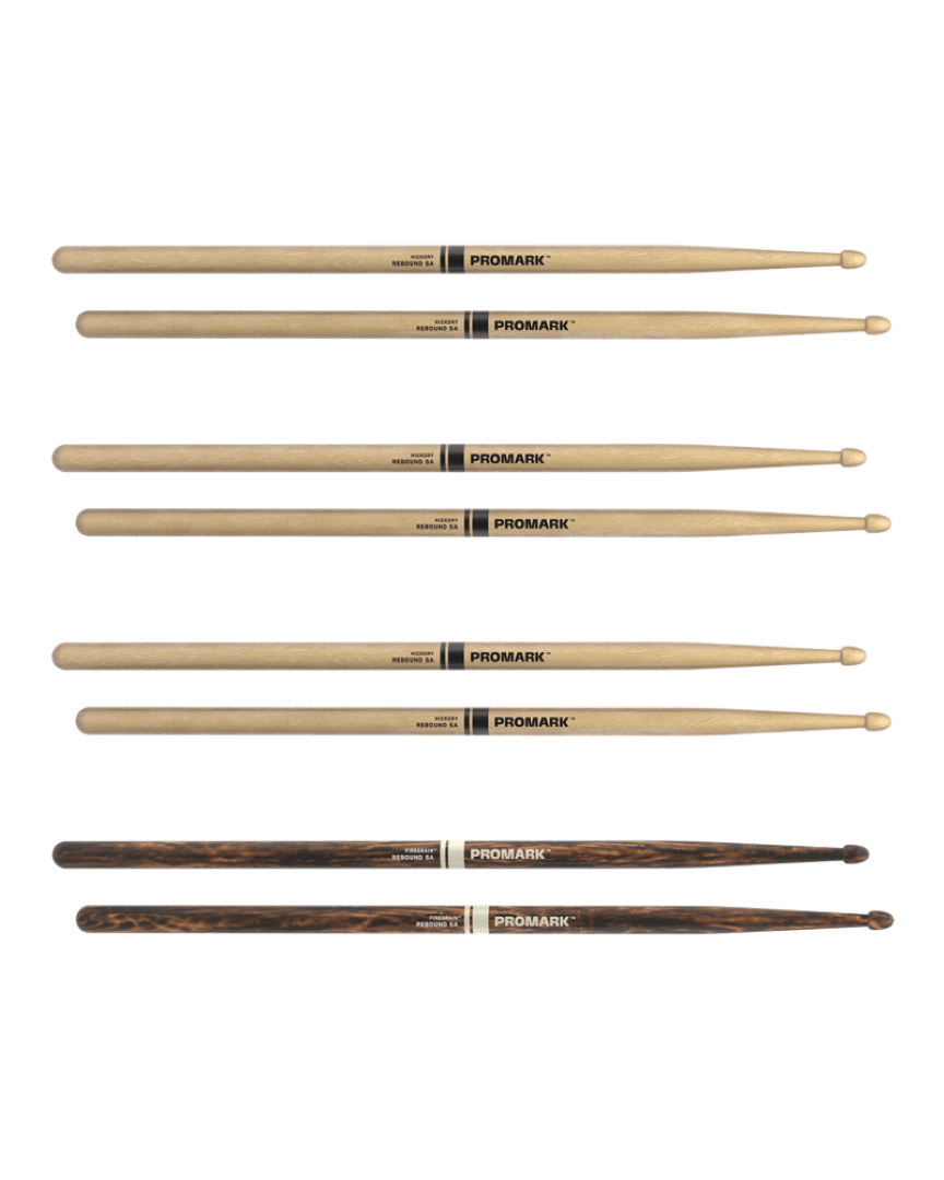 ProMark Rebound 5A Hickory Drumstick, Acorn Wood Tip, FireGrain Bonus 4-Pack