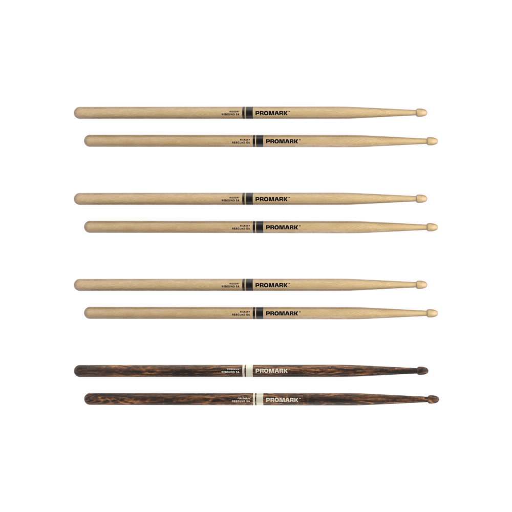 ProMark 5A Wood Tip Rebound Drum Sticks + Bonus Firegrain Drum Sticks 4-Pack