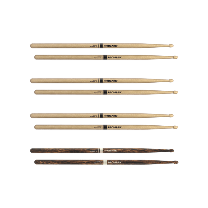 ProMark 5A Wood Tip Rebound Drum Sticks + Bonus Firegrain Drum Sticks 4-Pack
